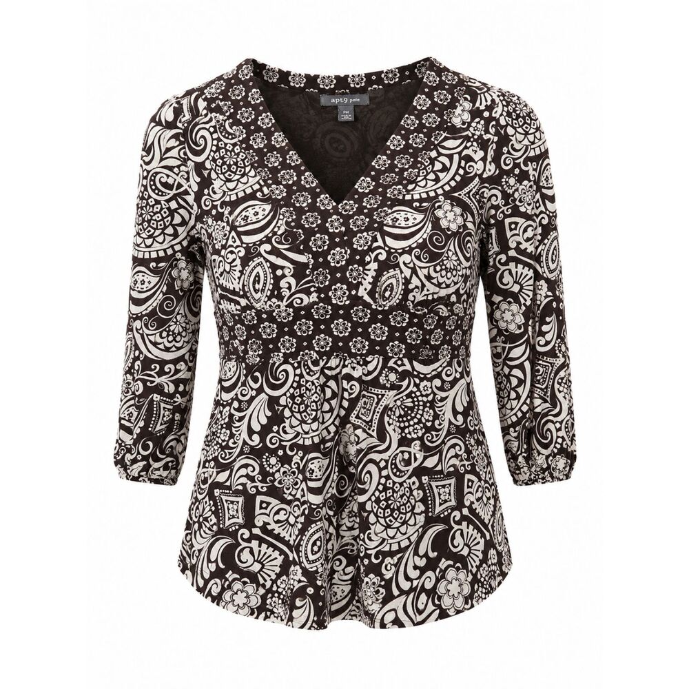Apt. 9 Petite Brown White Paisley Peplum Top Women's PM 3/4 Sleeve